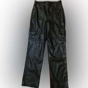 Express Modern Straight Super High Rise Black Faux Leather Cargo Pants Size 6